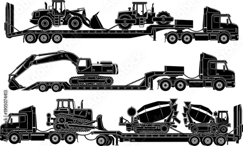 Heavy equipment transport silhouette vector set showing lowboy trailer trucks hauling construction machinery, excavators and loaders for logistics and freight hauling isolated on white background