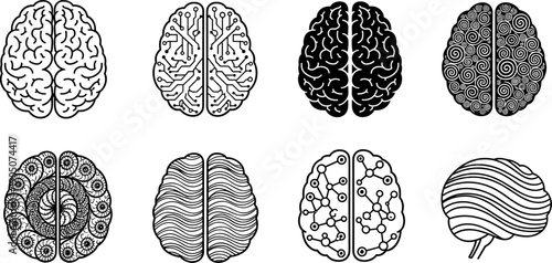 Human brain illustration silhouette vector set featuring abstract, neural, circuit and creative mind concepts for neuroscience, psychology, technology and artificial intelligence design isolated