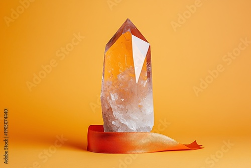 Beautiful Clear Crystal on Orange Background with Soft Ribbon Accents