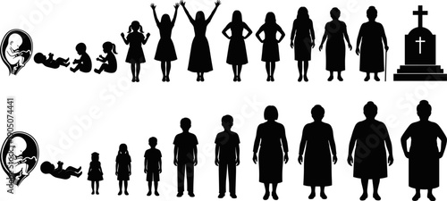 Human life cycle silhouette vector set illustrating age progression from pregnancy and childhood to adulthood, aging and death timeline isolated on white background