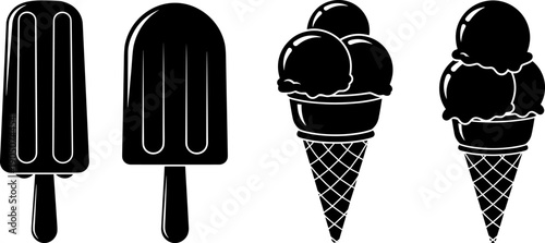 Ice cream and popsicle silhouette icon set featuring cones and frozen desserts, black sweet food illustrations isolated on white background for menu, packaging, and summer design