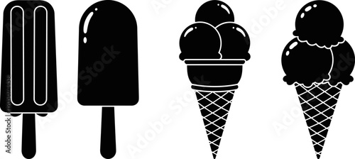 Ice cream and popsicle silhouette icon set featuring cones and frozen desserts, black sweet treat illustrations isolated on white background for menu, packaging, and summer design