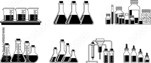 Laboratory glassware and chemical container silhouette set featuring beakers, flasks, bottles and scientific equipment, black vector illustration for chemistry, research and medical concepts