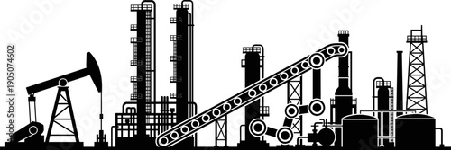 Oil refinery and industrial plant silhouette illustration featuring petroleum pump jack, factory pipelines, tanks, and machinery for energy production, manufacturing infrastructure, 