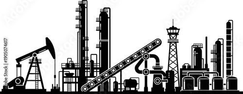 Oil refinery and industrial plant silhouettes with pumps and pipelines, energy production and petrochemical factory concept, detailed industry vector illustration isolated on white