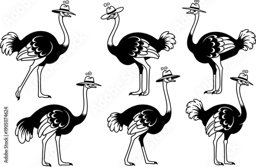 Ostrich cartoon silhouette set in playful poses, humorous bird illustration collection, black and white animal character designs for children, branding and creative projects