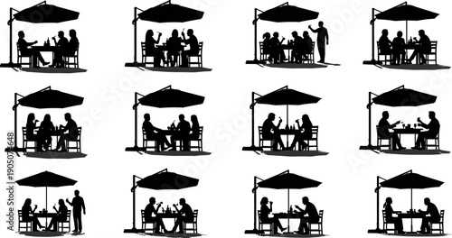 Outdoor cafe silhouettes of people dining under umbrellas, social restaurant terrace scenes with friends, casual lifestyle moments, waiter service, isolated black figures on white background