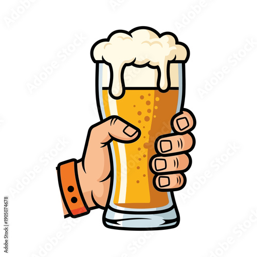 Hand holding a tall glass of beer with frothy head, celebrating refreshment and enjoyment