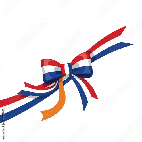 Dutch national colors ribbon bow with streamers in red white blue and orange