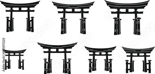 Traditional Japanese torii gate silhouette set showing multiple shrine entrances, minimalist cultural architecture vector illustration isolated on white background for travel, religion, and 