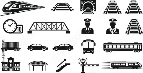 Transportation and railway silhouette icon set featuring trains, tracks, bridges, vehicles, stations, and traffic elements, black isolated symbols for logistics, travel, and infrastructure design