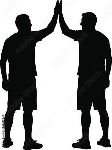 Two male silhouettes giving high five gesture, teamwork success celebration icon, friendship and cooperation concept isolated on white background for sports, business, and motivation design