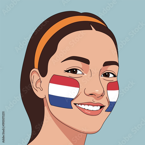 Woman with Dutch flag face paint smiling, wearing headband and orange scarf