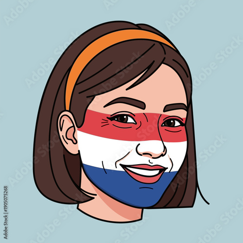Woman with Netherlands flag painted on face cheering during sports event or festival