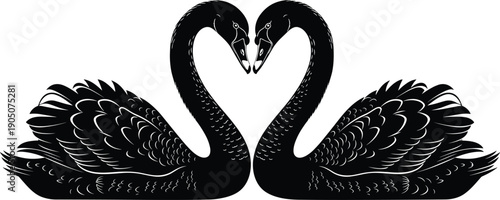 Two swan silhouettes forming heart shape symbolizing love, romance, and partnership, elegant bird illustration isolated on white background for wedding, relationship, and Valentine conceptsTwo 