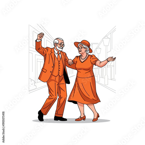 Senior man and woman dancing energetically in matching orange outfits on street