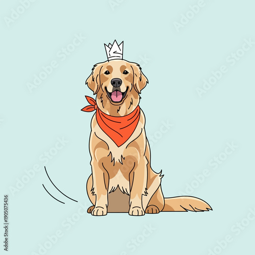Golden retriever dog wearing a crown and orange bandana sits happily