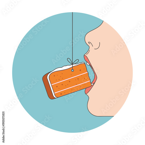 Woman's face close up about to eat a frosted slice of cake dangling on a string