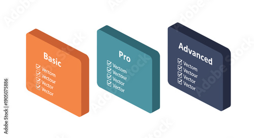 Isometric presentation of three steps with check marks for business concepts