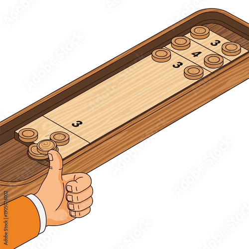 Shuffleboard player showing thumbs up after playing game on wooden table