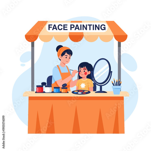 Face painting artist painting a childs face at a colorful outdoor booth