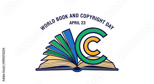 Flat vector illustration of an open book with colorful pages forming a copyright symbol above it, celebrating World Book and Copyright Day on April 23, education and intellectual property concept, mod