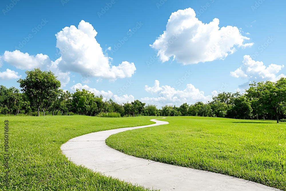 Fototapeta premium Serene Winding Pathway Through Lush Green Landscape Under Bright Blue Sky with Clouds