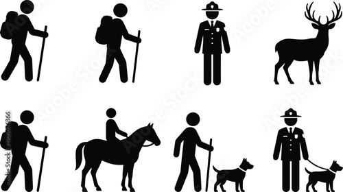 Set of park ranger, hiker, horse rider, dog walker and deer silhouettes, outdoor adventure and wildlife icons isolated on white background vector collection