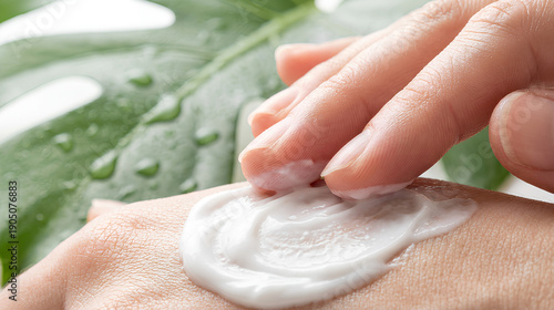 Close-up of a hand applying white moisturizing cream to another hand, with a fresh green leaf and water droplets in the background. Perfect for beauty, skincare, and wellness concepts.