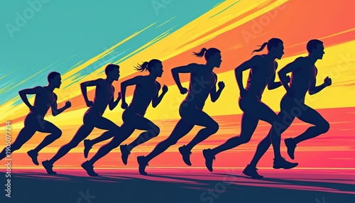 Group of athletes sprint in unison against vibrant abstract background. Dynamic silhouettes show motion and competition. Runners focus forward on track, striving for speed and victory.