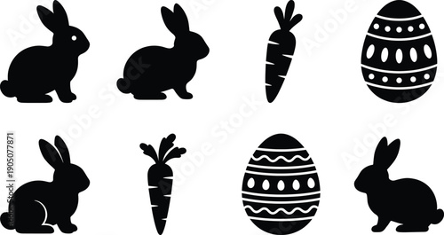 Set of black Easter silhouette icons featuring cute bunnies carrots and decorated eggs isolated on white background for spring holiday greeting cards and decorations.