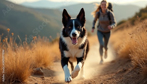 Energetic border collie runs happily on dirt trail with owner. Woman hikes in mountains, enjoys outdoor adventure with pet. Dog bounds forward, embracing journey.