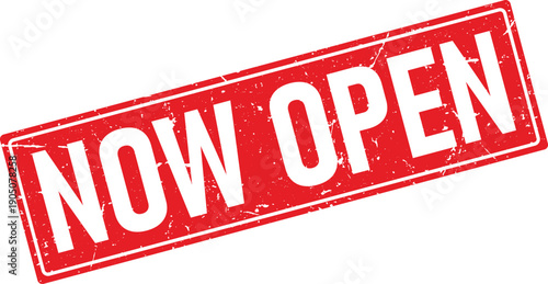 Now Open Text in Red Distressed Rubber Stamp Impression Style on White