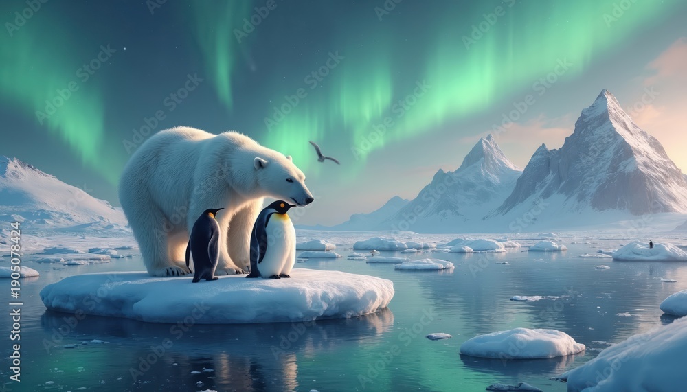 Fototapeta premium Polar bear and penguins stand on ice floe. Aurora borealis glows green in night sky. Snow mountains rise over ocean water. Winter Arctic landscape with wildlife. Northern lights shine.
