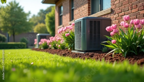Two outdoor AC units sit on rich green lawn beside brick house. Pink tulips bloom near HVAC equipment. Sunny day offers comfort and curb appeal.