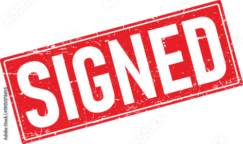 Red Distressed Rectangular Rubber Stamp Featuring the Word SIGNED on White