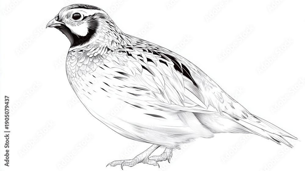 Fototapeta premium Detailed Illustration of a Quail Bird in Black and White Style