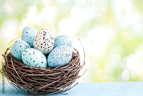 Colorful Easter Eggs Nestled in a Natural Nest with Soft Blurred Background