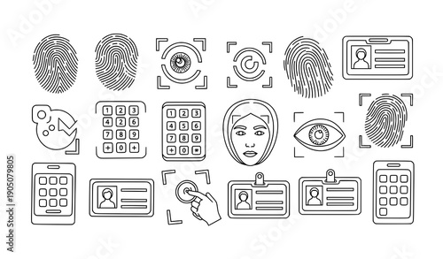 Decorative Biometric Scanning Doodle Icon Set Fingerprint Eye Pass Vector