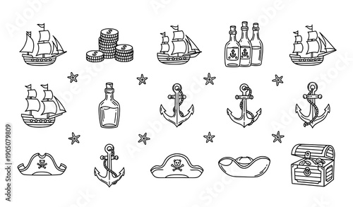 Pirate Sea Adventure Line Icon Set Hand Drawn Ship Coins Anchor Bottle Vector