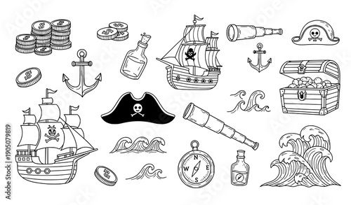 Decorative Pirate Adventure Doodle Icon Set Ship Coins Anchor Bottle Vector