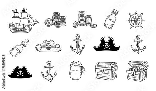 Hand Drawn Pirate Adventure Doodle Icon Set Ship Coins Anchor Bottle Vector