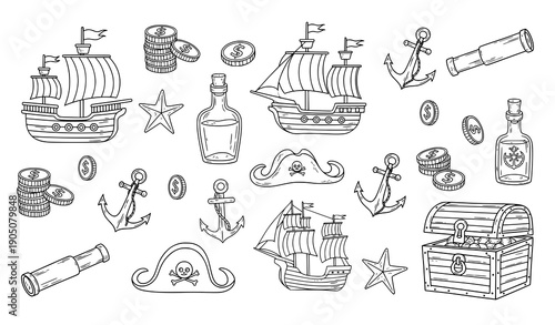 Decorative Pirate Sea Adventure Doodle Icon Set Ship Coins Anchor Bottle Vector