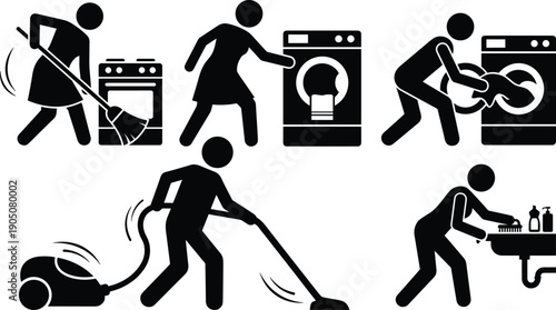 Black silhouette set of people performing household chores including vacuuming, sweeping, laundry, and washing dishes isolated on white background for housekeeping and professional cleaning service 