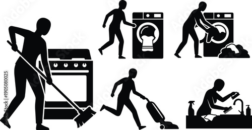 Black silhouette set of people doing household chores including sweeping floor, vacuuming, washing dishes, and doing laundry isolated on white background for domestic concepts.