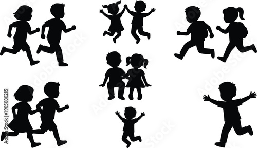 Comprehensive Collection of Black Vector Silhouettes Featuring Cute Puppy Dog Breed Icons and Active Children Playing Jumping Running and Sitting Isolated on White Background