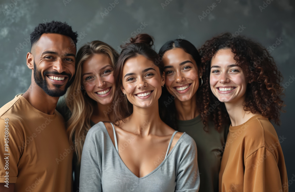 Fototapeta premium Diverse group of five young adults smiling happily together. Friends share connection showing unity and support. People look joyful, confident, representing teamwork and close relationships.