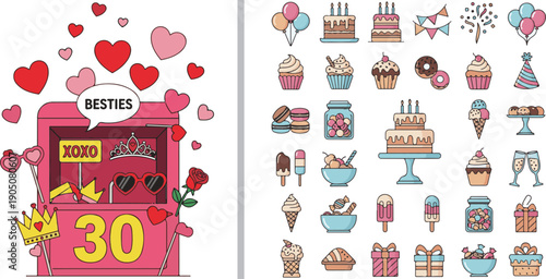 A festive vector set for a 30th birthday or "Besties" celebration. Features a pink photo booth with props and a large collection of colorful party icons like cakes, cupcakes, and gifts.