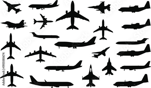 Large collection of black airplane silhouettes featuring commercial passenger airliners military fighter jets and cargo planes isolated on a white background for design. (24 words)