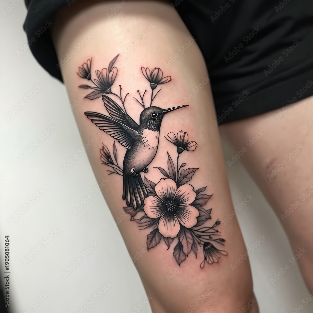 Naklejka premium Detailed tattoo design features a realistic hummingbird in flight amongst delicate blooming flowers. Art shows fine linework and shading. Bird and floral art for body modification.